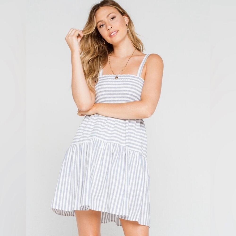 Urban Outfitters Lumiere Stripe Smocked Babydoll Dress Blue White Medium